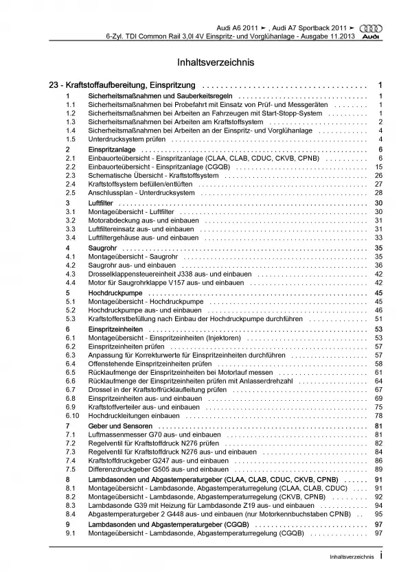 Audi A7 4G 2010-2018 Diesel Einspritz- Vorglühanlage 3,0l Reparaturanleitung PDF