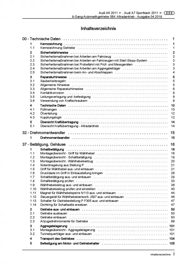 Audi A7 4G 2010-2018 8 Gang 0BK Automatikgetriebe 4WD AWD Reparaturanleitung PDF