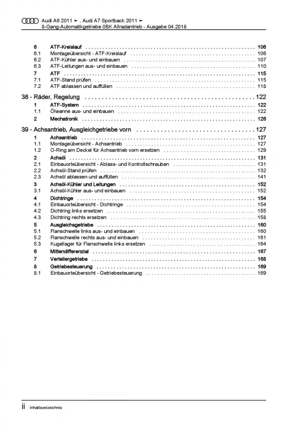 Audi A7 4G 2010-2018 8 Gang 0BK Automatikgetriebe 4WD AWD Reparaturanleitung PDF