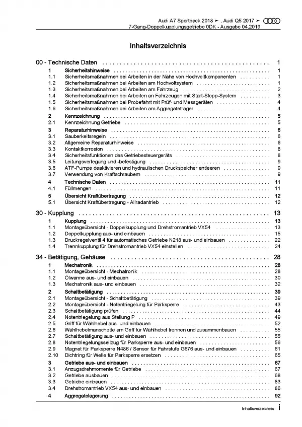 Audi A7 4K ab 2018 7 Gang Automatikgetriebe DSG DKG 0DK Reparaturanleitung PDF