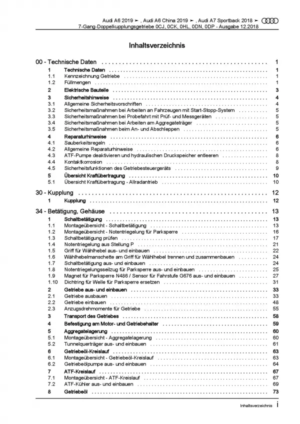 Audi A7 Typ 4K ab 2018 7 Gang Automatikgetriebe DSG DKG Reparaturanleitung PDF