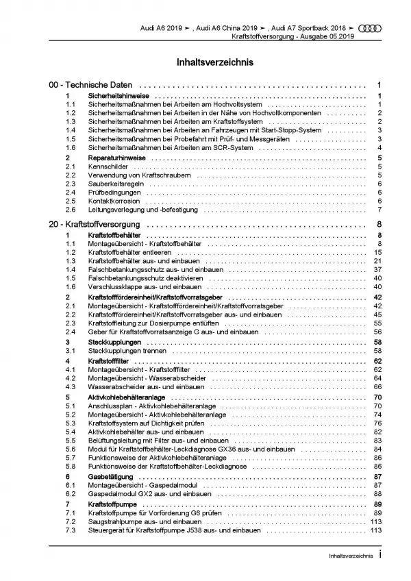 Audi A7 Typ 4K ab 2018 Kraftstoffversorgung Aufbereitung Reparaturanleitung PDF