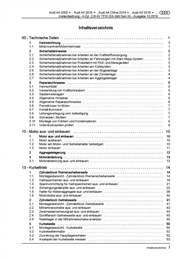 Audi A7 4K (18>) Instandsetzung 4-Zyl. 2,0l Benzinmotor Reparaturanleitung PDF