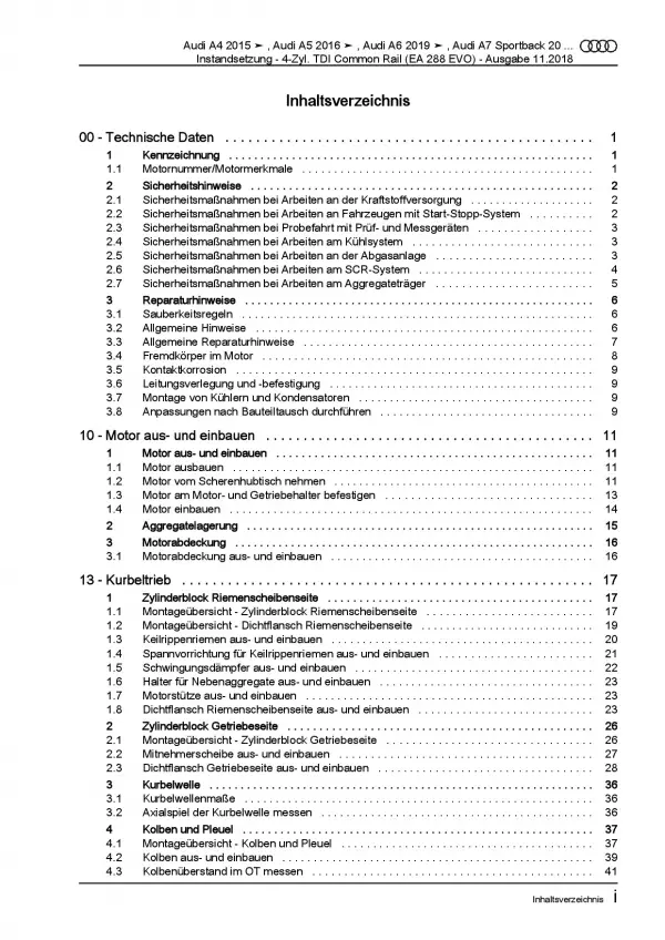 Audi A7 4K ab 2018 Instandsetzung 4-Zyl. 2,0l Dieselmotor Reparaturanleitung PDF