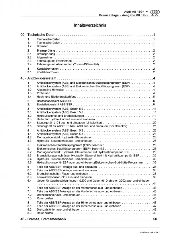 Audi A8 Typ 4D 1994-2002 Bremsanlagen Bremsen System Reparaturanleitung PDF