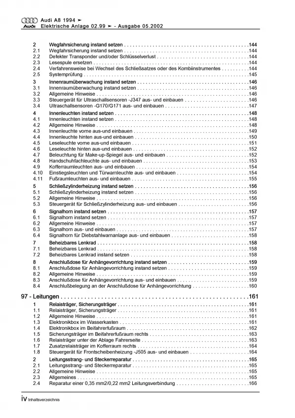 Audi A8 Typ 4D 1999-2002 Elektrische Anlage Elektrik Systeme Reparaturanleitung