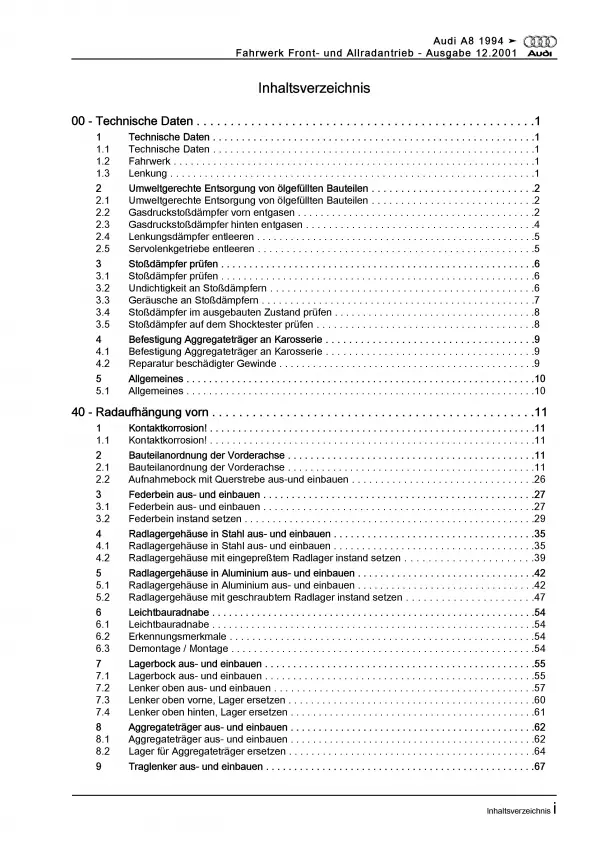 Audi A8 4D 1994-2002 Fahrwerk Achsen Lenkung FWD 2WD 4WD Reparaturanleitung PDF