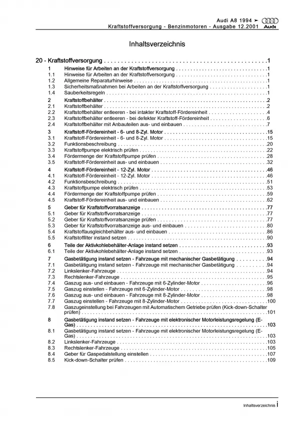 Audi A8 4D 1994-2002 Kraftstoffversorgung Benzinmotoren Reparaturanleitung PDF