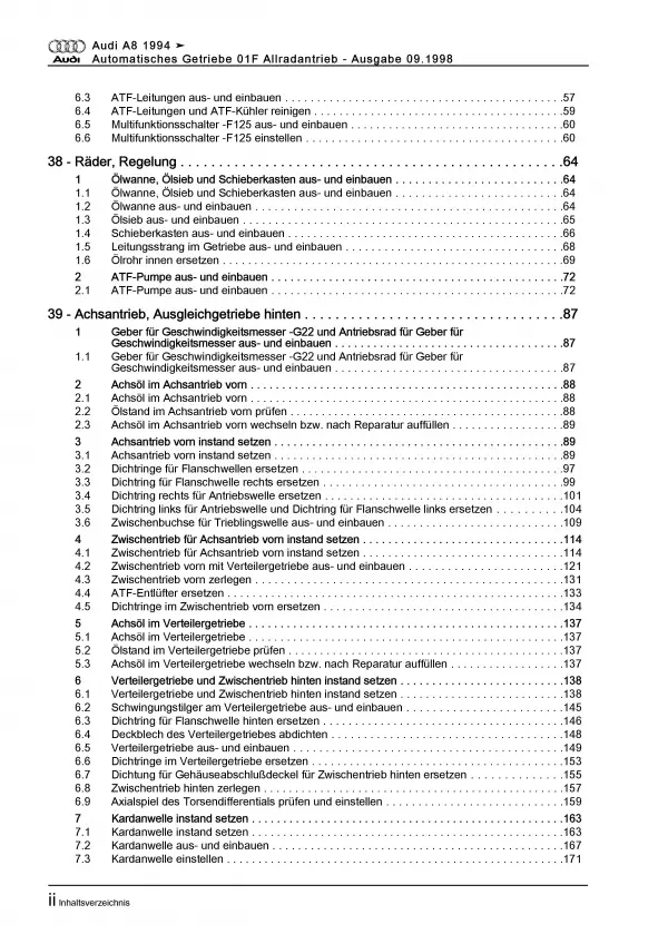 Audi A8 Typ 4D 1994-2002 4 Gang 01F Automatikgetriebe Reparaturanleitung