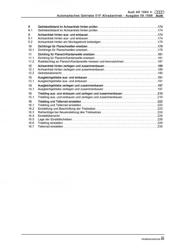 Audi A8 Typ 4D 1994-2002 4 Gang 01F Automatikgetriebe Reparaturanleitung PDF