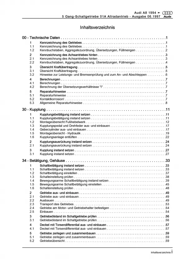 Audi A8 4D 1994-2002 5 Gang Schaltgetriebe 01A Kupplung Reparaturanleitung PDF