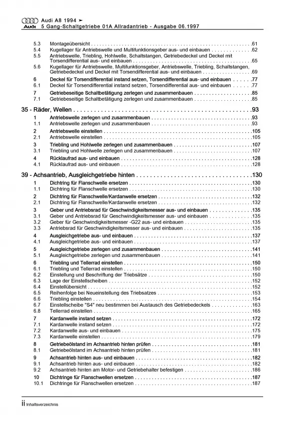 Audi A8 Typ 4D 1994-2002 5 Gang Schaltgetriebe 01A Kupplung Reparaturanleitung