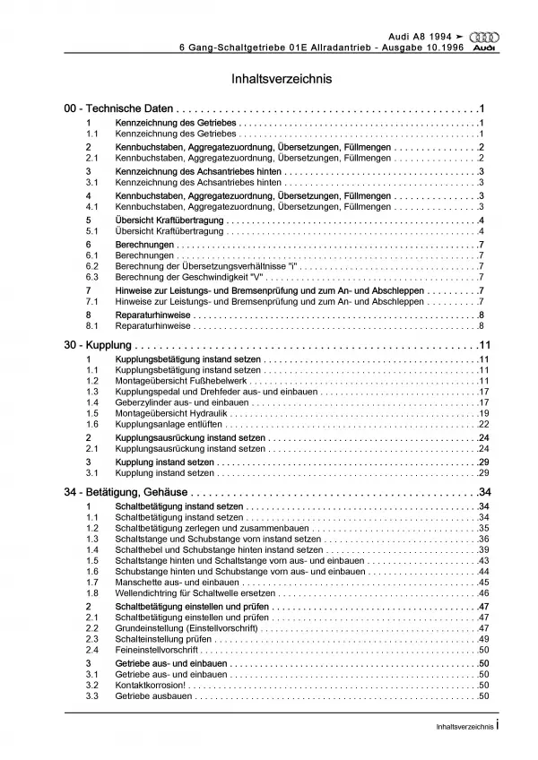 Audi A8 4D 1994-2002 6 Gang Schaltgetriebe Kupplung 01E Reparaturanleitung PDF