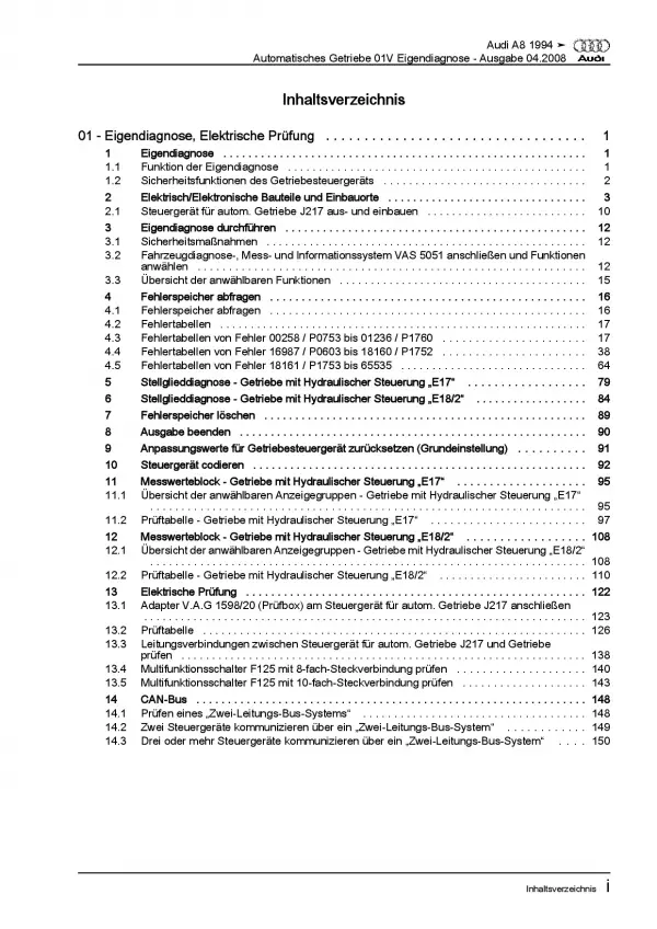 Audi A8 Typ 4D 1994-2002 Eigendiagnose Automatikgetriebe 01V Reparaturanleitung