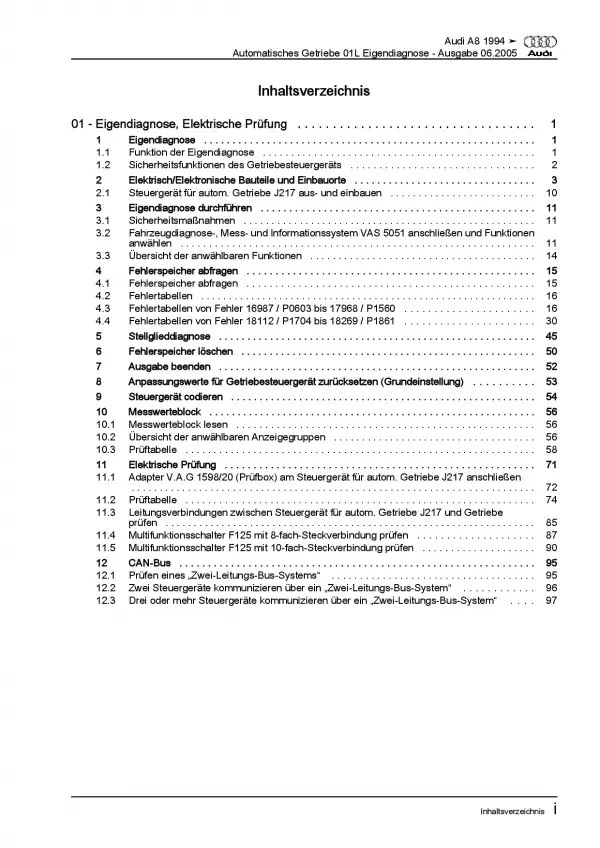 Audi A8 Typ 4D 1994-2002 Eigendiagnose 01L Automatikgetriebe Reparaturanleitung