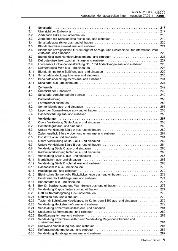 Audi A8 Typ 4E 2002-2010 Karosserie Montagearbeiten Innen Reparaturanleitung PDF