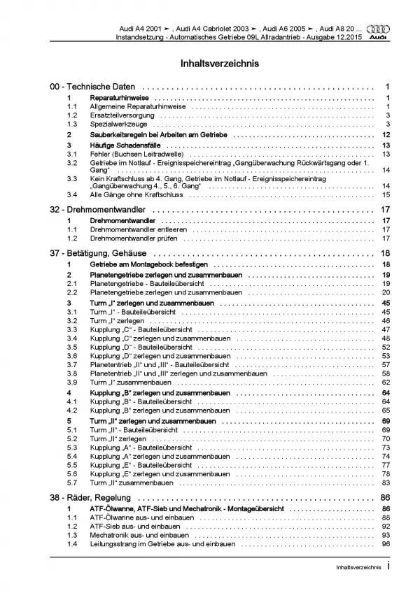 Audi A8 4E 2002-2010 Instandsetzung 09L Automatikgetriebe Reparaturanleitung PDF