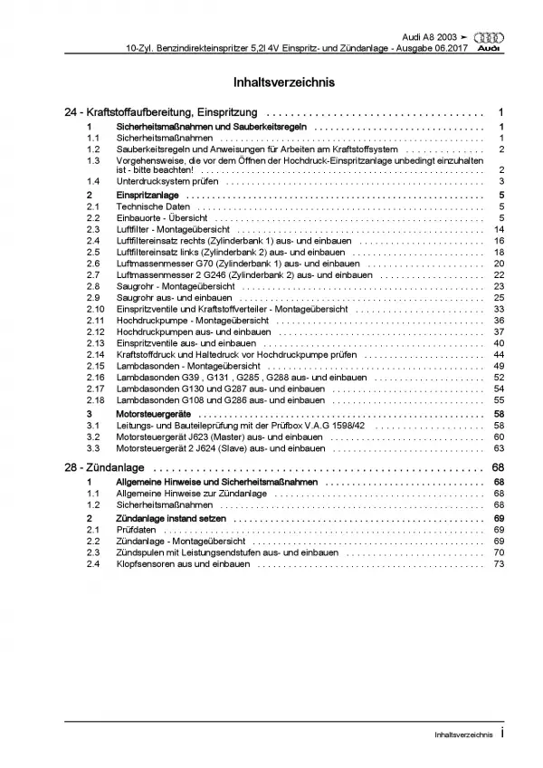 Audi A8 4E 2002-2010 10-Zyl. Einspritz- Zündanlage 450 PS Reparaturanleitung PDF