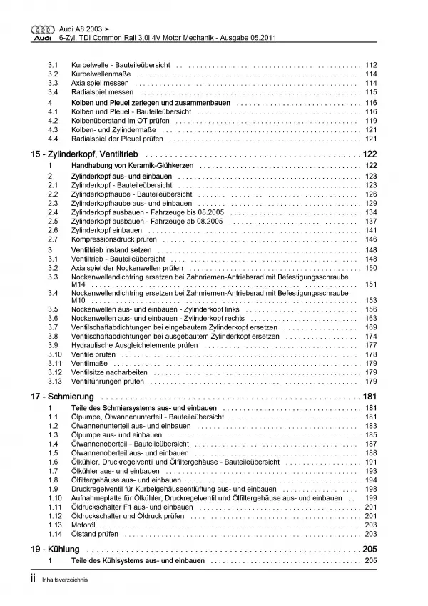 Audi A8 4E 2002-2010 3,0l Dieselmotor Mechanik 211-232 PS Reparaturanleitung PDF