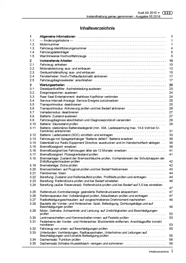 Audi A8 4H 2010-2017 Instandhaltung Inspektion Wartung Reparaturanleitung PDF