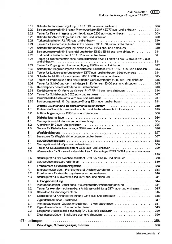 Audi A8 Typ 4H 2010-2017 Elektrische Anlage Elektrik Systeme Reparaturanleitung