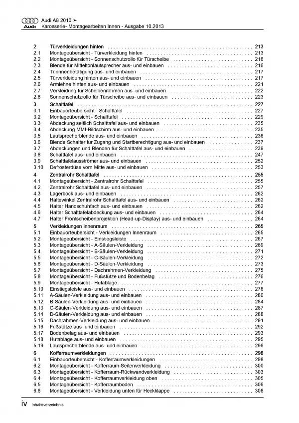 Audi A8 Typ 4H 2010-2017 Karosserie Montagearbeiten Innen Reparaturanleitung PDF