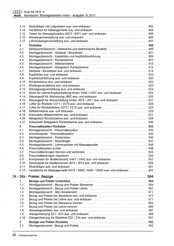 Audi A8 Typ 4H 2010-2017 Karosserie Montagearbeiten Innen Reparaturanleitung