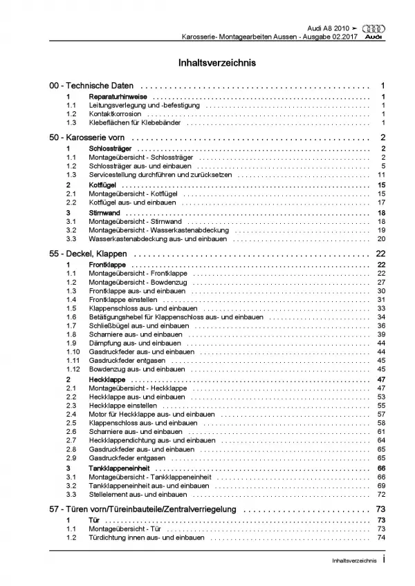 Audi A8 Typ 4H 2010-2017 Karosserie Montagearbeiten Außen Reparaturanleitung PDF