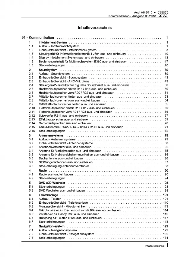 Audi A8 Typ 4H 2010-2017 Radio Navigation Kommunikation Reparaturanleitung PDF