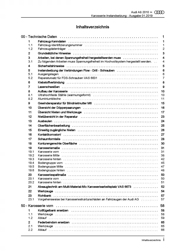 Audi A8 Typ 4H 2010-2017 Karosserie Unfall Instandsetzung Reparaturanleitung PDF