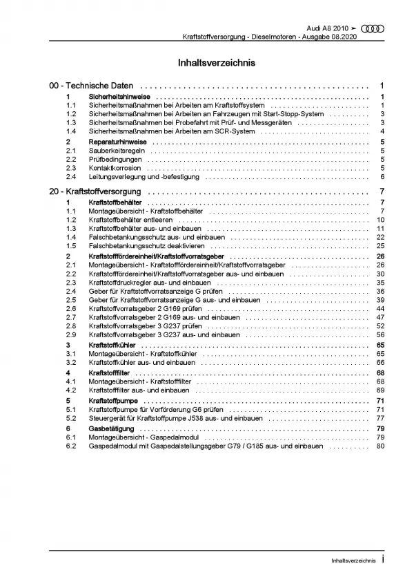 Audi A8 4H 2010-2017 Kraftstoffversorgung Dieselmotoren Reparaturanleitung PDF