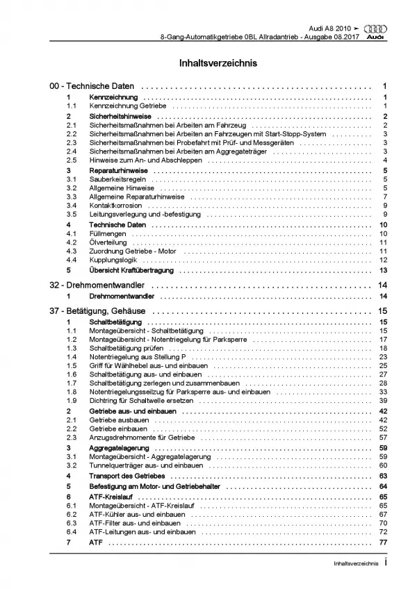 Audi A8 4H 2010-2017 8 Gang 0BL Automatikgetriebe AWD 4WD Reparaturanleitung PDF