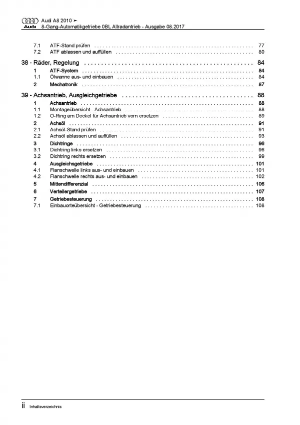 Audi A8 4H 2010-2017 8 Gang 0BL Automatikgetriebe AWD 4WD Reparaturanleitung PDF