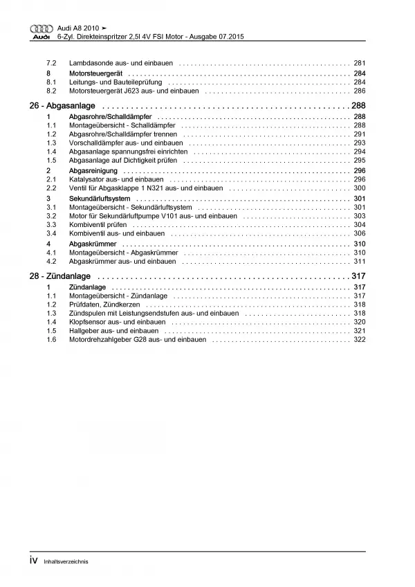 Audi A8 Typ 4H 2010-2017 6-Zyl. 2,5l Benzinmotor 204 PS Reparaturanleitung PDF