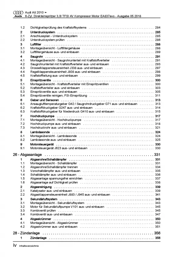 Audi A8 4H 2010-2017 6-Zyl. 3,0l 290-333 PS Benzinmotor Reparaturanleitung PDF