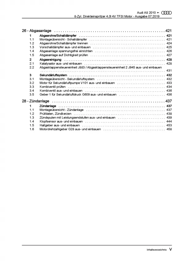 Audi A8 4H 2010-2017 8-Zyl. 4,0l Benzinmotor 420-605 PS Reparaturanleitung PDF