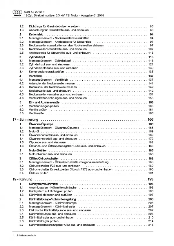 Audi A8 Typ 4H 2010-2017 12-Zyl. 6,3l Benzinmotor 500 PS Reparaturanleitung PDF