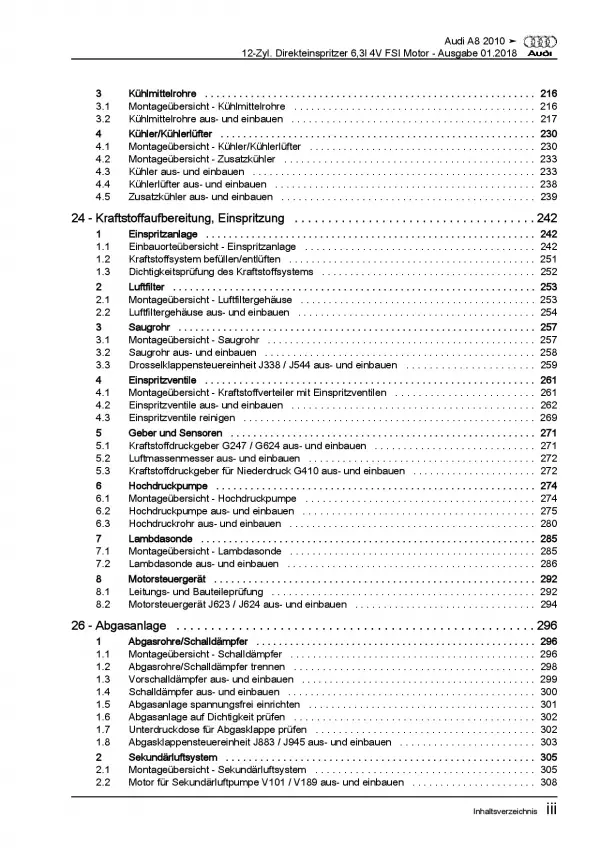 Audi A8 Typ 4H 2010-2017 12-Zyl. 6,3l Benzinmotor 500 PS Reparaturanleitung PDF