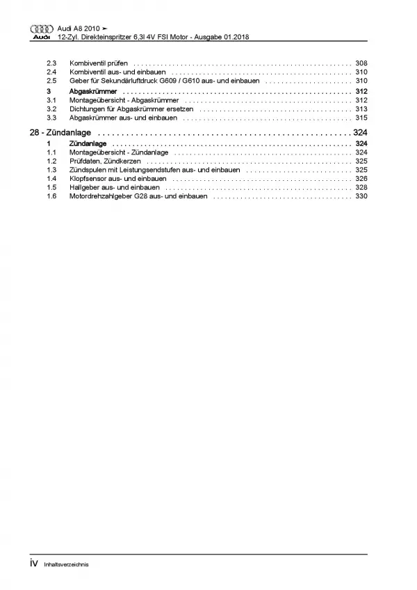 Audi A8 Typ 4H 2010-2017 12-Zyl. 6,3l Benzinmotor 500 PS Reparaturanleitung PDF