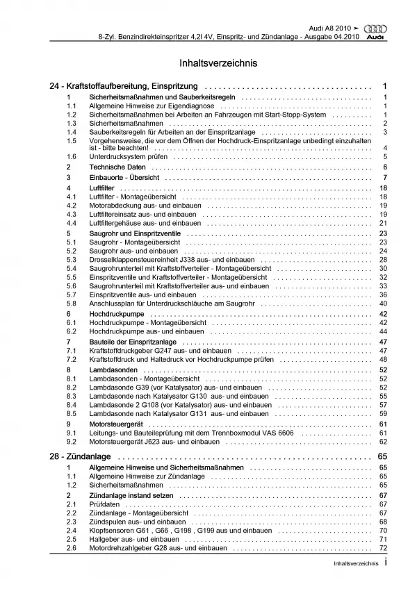 Audi A8 4H 2010-2017 Benzin Einspritz- Zündanlage 371 PS Reparaturanleitung PDF