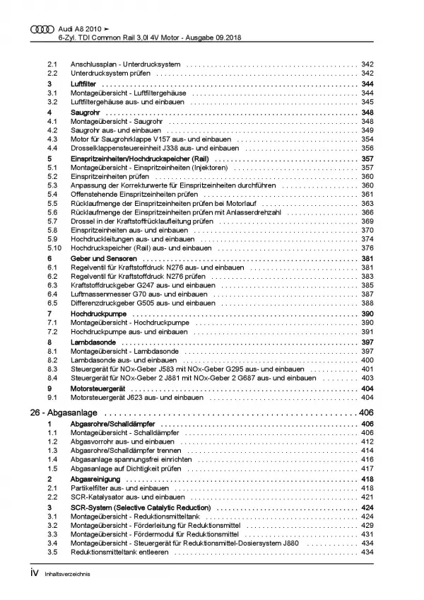 Audi A8 4H 2010-2017 6-Zyl. 3,0l Dieselmotor 204-258 PS Reparaturanleitung PDF