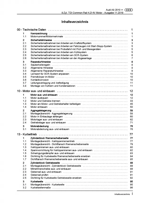 Audi A8 4H 2010-2017 8-Zyl. 4,2l Dieselmotor TDI 351 PS Reparaturanleitung PDF