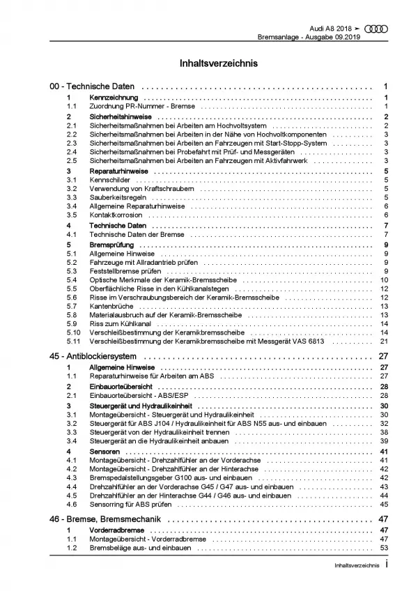 Audi A8 Typ 4N ab 2017 Bremsanlagen Bremsen System Reparaturanleitung PDF