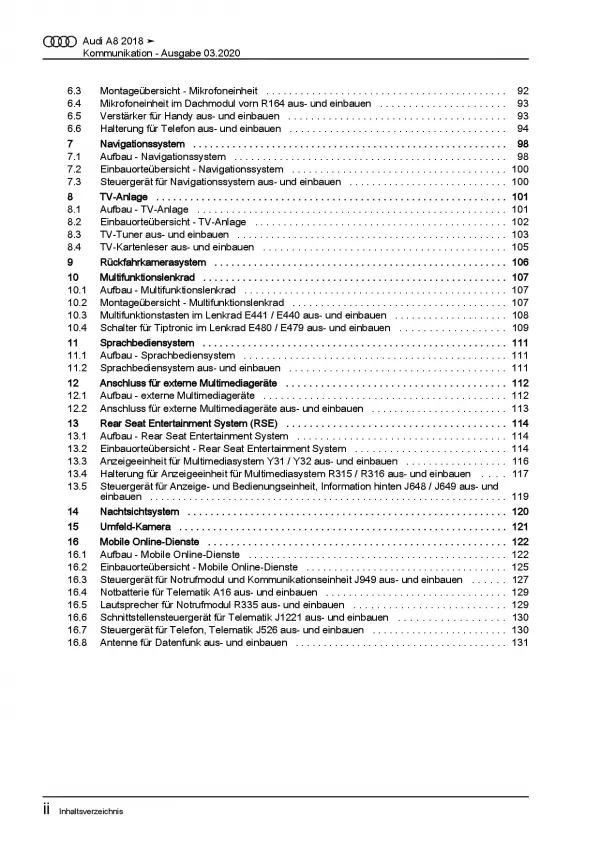 Audi A8 Typ 4N ab 2017 Radio Navigation Kommunikation Reparaturanleitung PDF