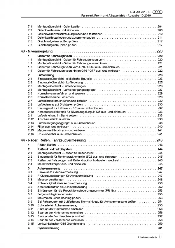 Audi A8 Typ 4N ab 2017 Fahrwerk Achsen Lenkung FWD AWD Reparaturanleitung PDF