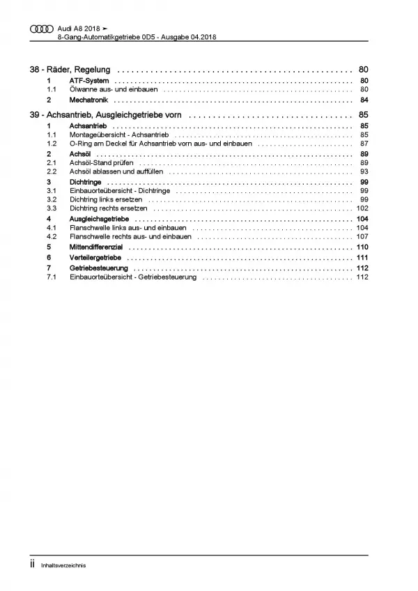 Audi A8 Typ 4N ab 2017 8 Gang Automatikgetriebe 0D5 Reparaturanleitung PDF