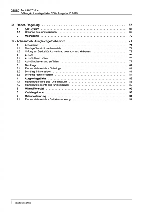 Audi A8 Typ 4N ab 2017 Automatikgetriebe 8 Gang 0D6 Reparaturanleitung PDF