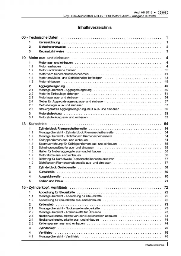 Audi A8 Typ 4N ab 2017 8-Zyl. 4,0l Benzinmotor CXYA CWWB Reparaturanleitung PDF