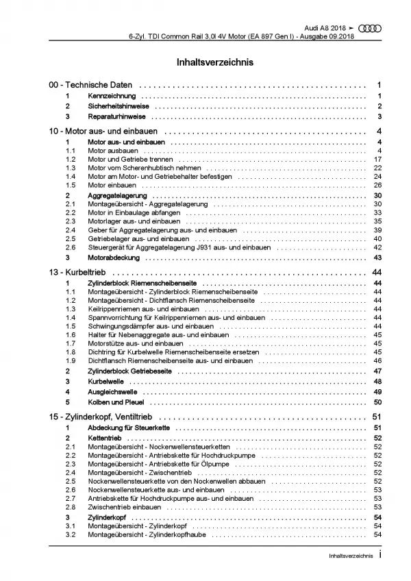 Audi A8 Typ 4N ab 2017 6-Zyl. 3,0l Dieselmotor TDI 249 PS Reparaturanleitung PDF