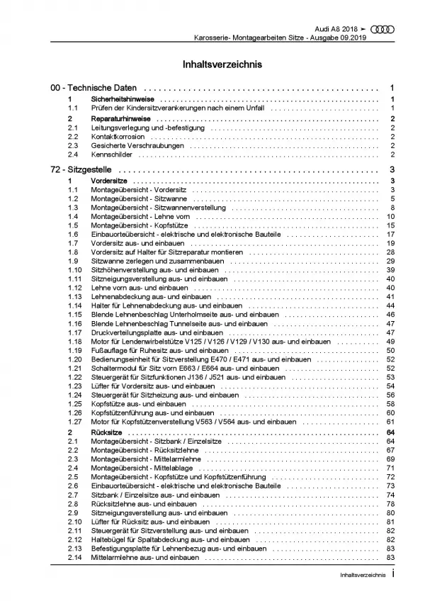 Audi A8 Typ 4N ab 2017 Karosserie Montagearbeiten Sitze Reparaturanleitung PDF